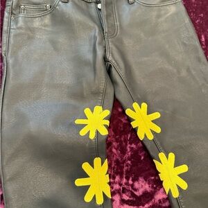 Men's Black Skinny Faux Leather Jeans with Yellow Floral Appliqués